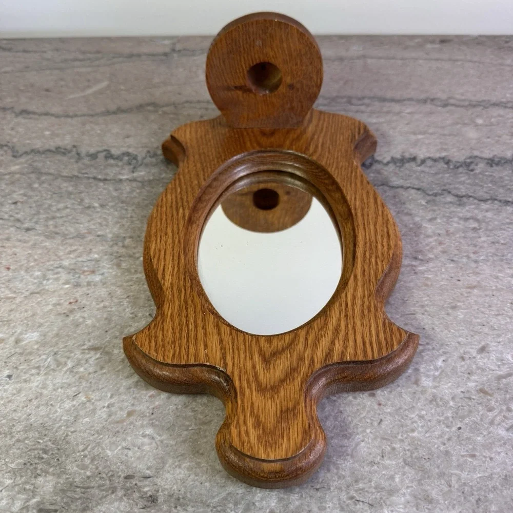 Vtg Oak Wall Mirror Shelf Oval Wood Entryway Bathroom Farmhouse Decor Handmade
